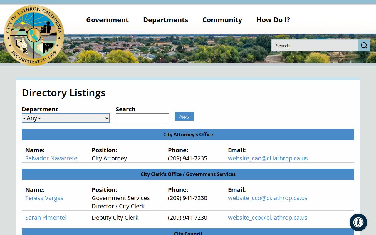 Lathrop directory for city staff boards and commissions