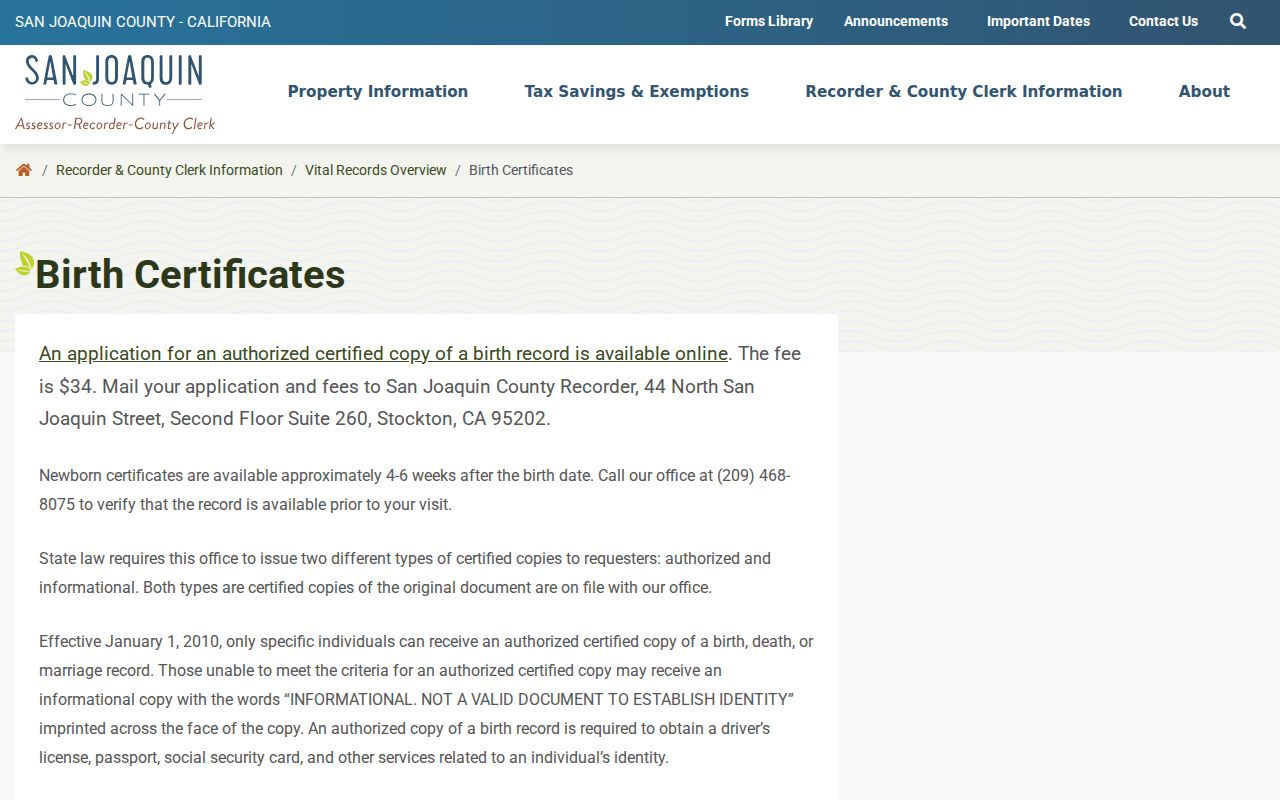 Lathrop public records instructions for a San Joaquin County birth certificate